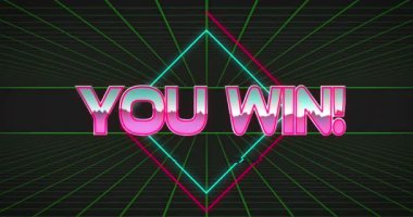 Animation of you win text over shapes. Retro future and digital interface concept digitally generated video.