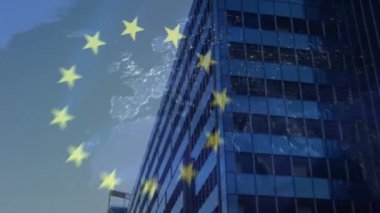 Animation of european union flag and map over tall buildings against clouds in the sky. European union and business concept
