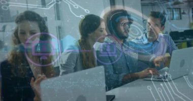 Animation of digital icons and round scanners over diverse colleagues discussing together at office. Computer interface and business technology concept