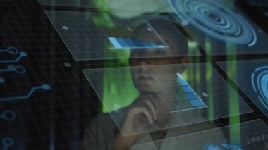 Animation of graphs and data processing over caucasian woman working in computer server room. Global communication, business, data security and digital interface concept digitally generated video.