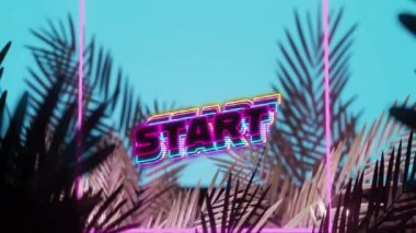 Animation of start text in colourful outline text and square in pink neon, over palm leaves on blue. Game screen and data processing interface, retro future concept digitally generated video.