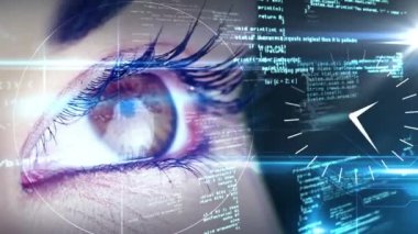 Animation of data processing, ticking clock and scope scanning over close up of a female eye. Cyber security and business technology concept