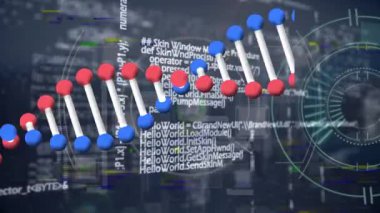 Animation of dna structure spinning and scope scanning over data processing against grey background. Medical research and business technology concept