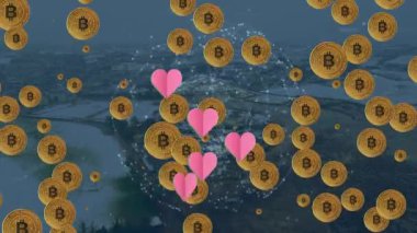 Animation of pink heart icons and bitcoin symbols over network of connections against cityscape. Cryptocurrency and business technology concept