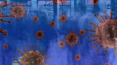 Animation of virus cells and dna strand over diverse people on street. Global covid 19 pandemic and digital interface concept digitally generated video.