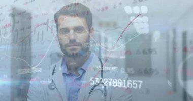 Animation of stock market data processing over portrait of caucasian male doctor smiling at hospital. Medical healthcare and technology concept