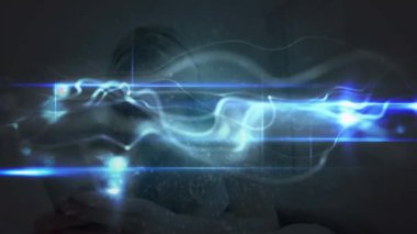 Animation of light trails over caucasian woman using smartphone. Global business and digital interface concept digitally generated video.