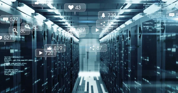 Image Social Media Icons Numbers Data Processing Computer Servers Global — Fotografia de Stock