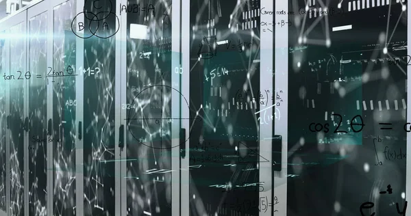 Image of networks of connections and maths calculations over computer server room. Global communication, research, data and network concept digitally generated image.