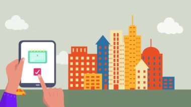 Animation of cityscape over hands using tablet. Social media, travel and digital interface concept digitally generated video.