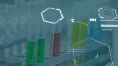 Animation of chemical structures and data processing over equipment at the laboratory. Medical research and science technology concept
