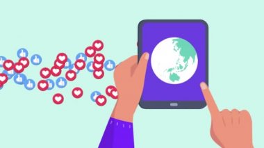 Animation of media icons over hands using tablet with globe. Social media, travel and digital interface concept digitally generated video.