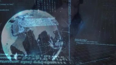 Animation of globe and data processing over caucasian woman using smartphone. Global business and digital interface concept digitally generated video.