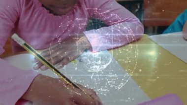 Animation of globe of network of connections over african american girl studying in class at school. School and education technology concept