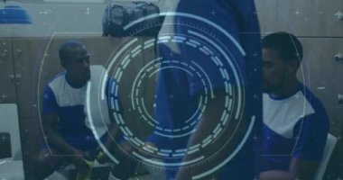 Animation of scope scanning and data processing over diverse male football players in changing room. Global sports, competition and data processing concept digitally generated video.
