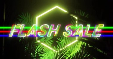 Animation of colourful flash sale text and hexagon in yellow neon, with palm leaves on black. Business, retail and sale communication, retro future concept digitally generated video.
