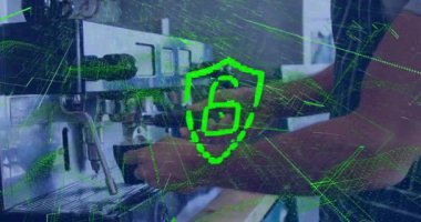 Animation of security padlock and green light trails over caucasian barista using coffee machine. Cyber security and business technology concept