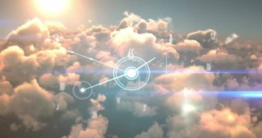 Animation of multiple numbers and glowing network of connections against clouds in the sky. Global networking and business technology concept