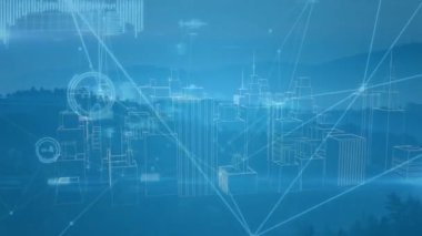Animation of network of connections over cityscape. Global business and digital interface concept digitally generated video.