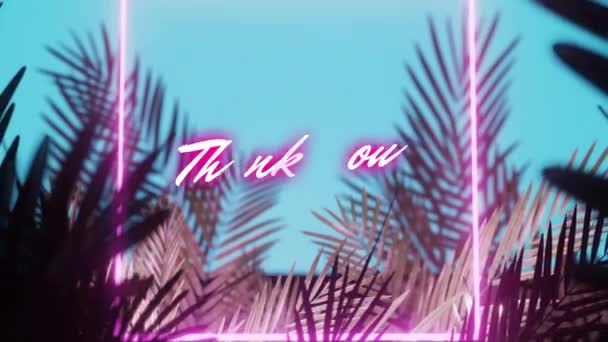 Animation Thank You Text Square Frame Pink Neon Palm Leaves — Wideo stockowe