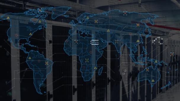 Animation Data Processing World Map Computer Server Room Computer Interface — Vídeos de Stock