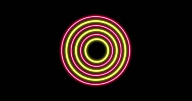Image of glowing pink and yellow circles over black background. Colour and movement concept digitally generated image.