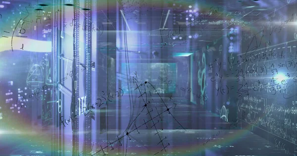 Image of prismatic ring, processing data and maths calculations over computer server room. Global communication, research, data and network concept digitally generated image.