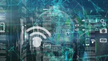 Animation of digital icons and data processing over globe of plexus networks against blue background. Computer interface and business networking technology concept