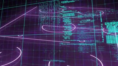 Animation of data processing over neon sport field plans on black background. Global sport, computing and digital interface concept digitally generated video.