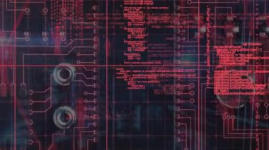 Animation of data processing over computer circuit board on black background. Global technology, computing and digital interface concept digitally generated video.