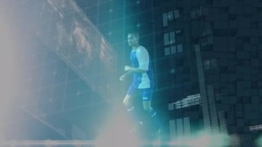 Animation of interface with data processing over caucasian male soccer player kicking the ball. Computer interface and sports technology concept