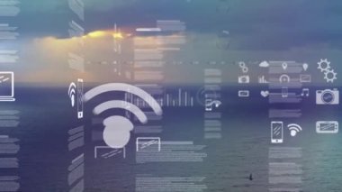 Animation of graphical infographic interface over scenic view of seascape and horizon against sky. Digital composite, multiple exposure, hologram, database, technology, nature and scenery concept.