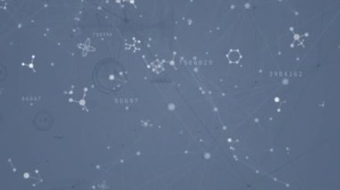 Digital animation of molecular structures over network of connections against grey background. Medical research and science technology concept