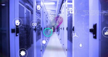 Animation of ecology icons and circles over data processing and server room. Global business and digital interface concept digitally generated video.
