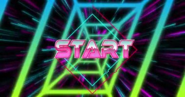 Animation of start text over shapes. Retro future and digital interface concept digitally generated video.