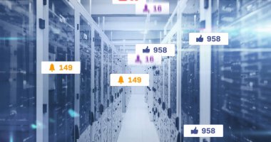 Image of media icons over server room. Global business and digital interface concept digitally generated image.