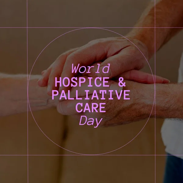 Composition of world hospice and palliative care day text over holding hands. World hospice and palliative care day and celebration concept digitally generated image.