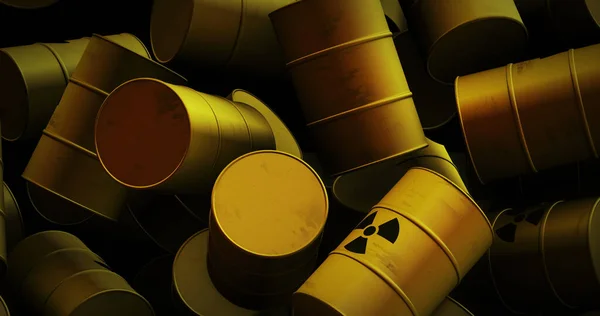 Image Multiple Yellow Barrels Black Nuclear Symbols Nuclear Power Energy — Stock Photo, Image