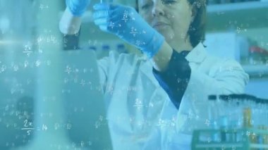 Animation of mathematical formulas over caucasian female scientist with test tubes using laptop. Digital composite, complexity, learning, sample, science, medical, laboratory and technology concept.