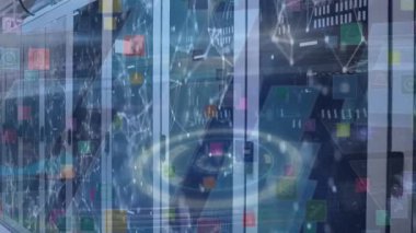 Animation of data processing over server room. Global business connections digital interface and technology concept digitally generated video.