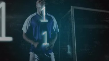 Animation of mathematical equations over two diverse male soccer players playing soccer. Sports and technology concept