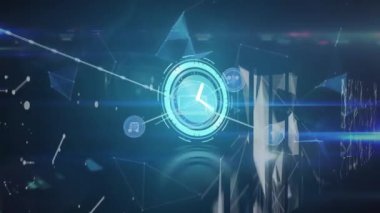 Animation of clock moving over network of connections. Global business and digital interface concept digitally generated video.