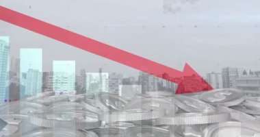 Animation of data processing and coins over cityscape. Global business and digital interface concept digitally generated video.