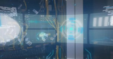 Animation of interface with data processing over biracial female engineer working at server room. Computer interface and business data storage technology concept