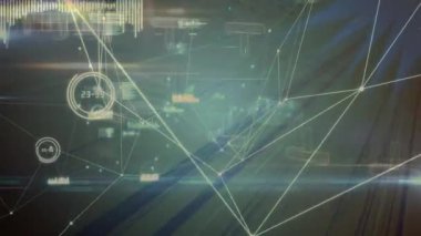 Animation of network of connections and data processing over light trails against yellow background. Global networking and business technology concept