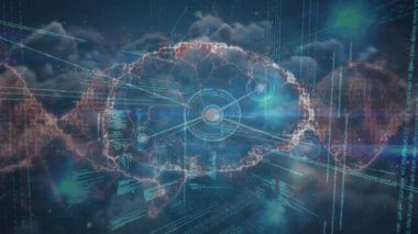 Animation of network of connections with digital brain and data processing over sky with clouds. Global connections, computing and digital interface concept digitally generated video.