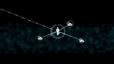Animation of network of connections with icons over shapes on black background. Global connections, computing and digital interface concept digitally generated video.