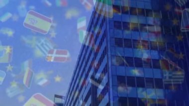 Animation of multiple countries flag and european union flag against tall buildings. European union and business concept