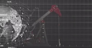 Animation of globe and financial data processing with graph over pumpjack on black background. Global business, finances and digital interface concept digitally generated video.