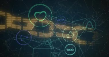 Animation of network of digital icons and security chain icon against blue background. Global networking and business technology concept